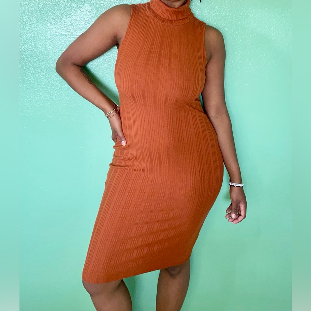 NINE WEST Bodycon Dress Turtleneck Sleeveless Ribbed Burnt Orange